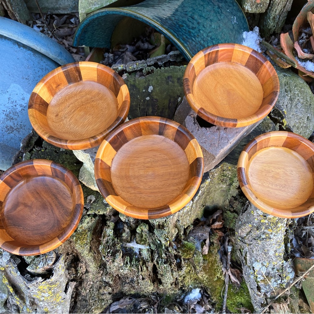 Vintage MCM Checkerboard Multicolor Wooden Serving Bowl Set 1960s Bohemian Salad - Picture 14 of 16